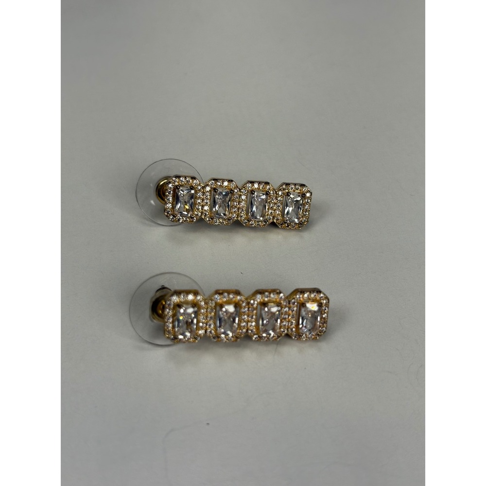 Gold Tone Studβ Earrings 4 Baguette Crystal Rhinestone Cluster Square
